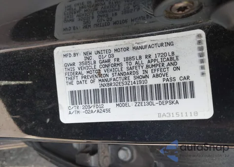 2003 Toyota Corolla S from USA, damaged, VIN 1NXBR32E53Z141910